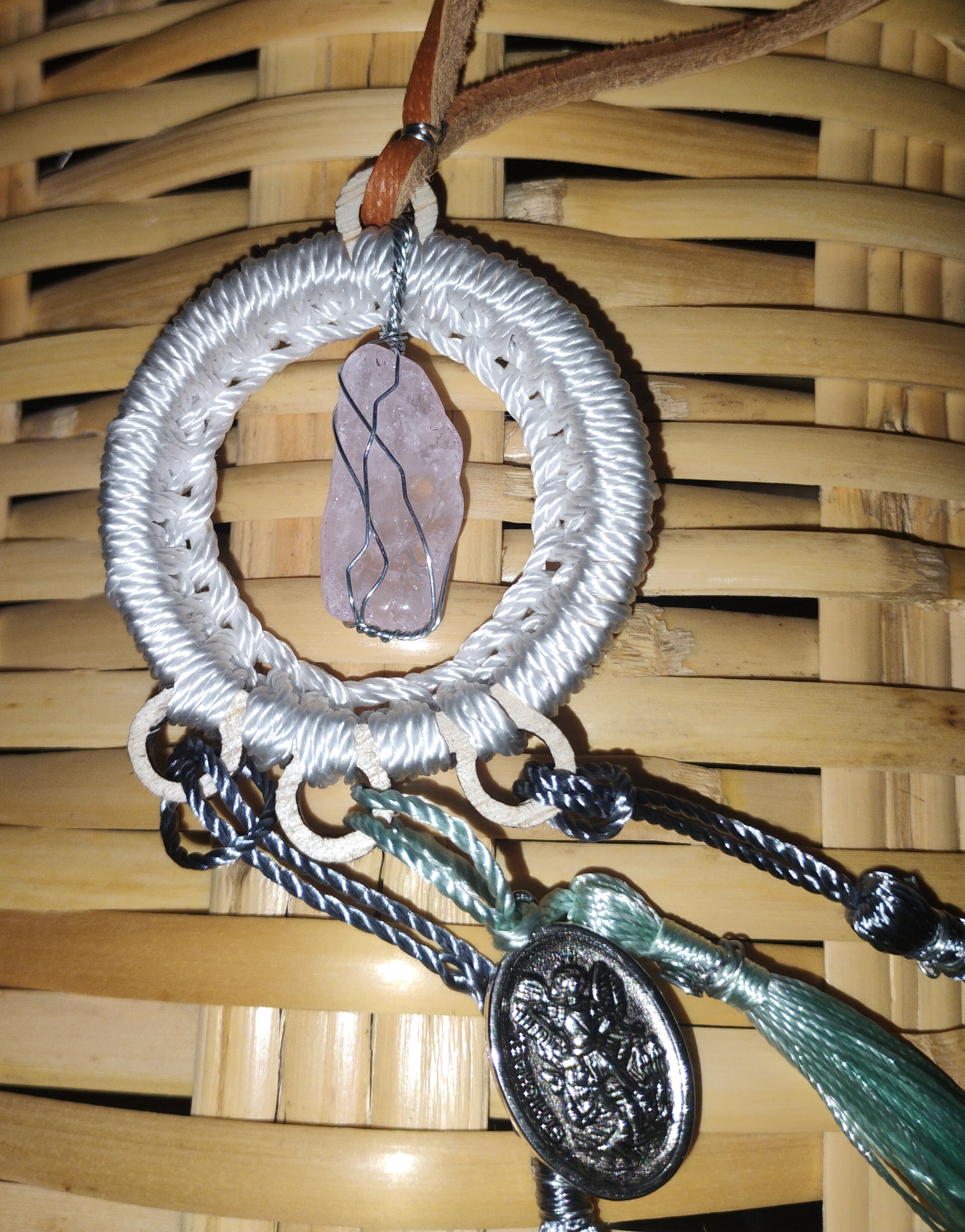 Pink crystal and Michael Angel pendant - Rear view mirror vehicle charm