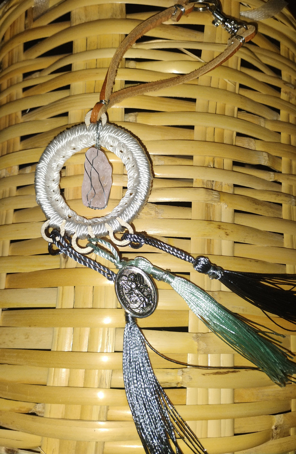 Pink crystal and Michael Angel pendant - Rear view mirror vehicle charm